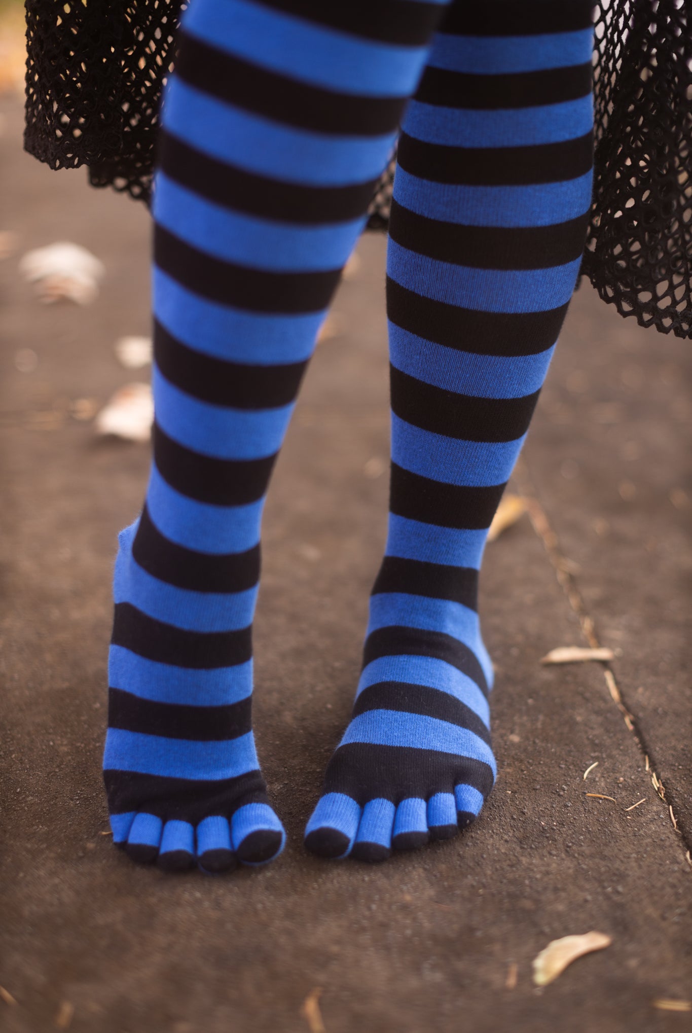 Striped Over the Knee Toe Socks - Black/Royal