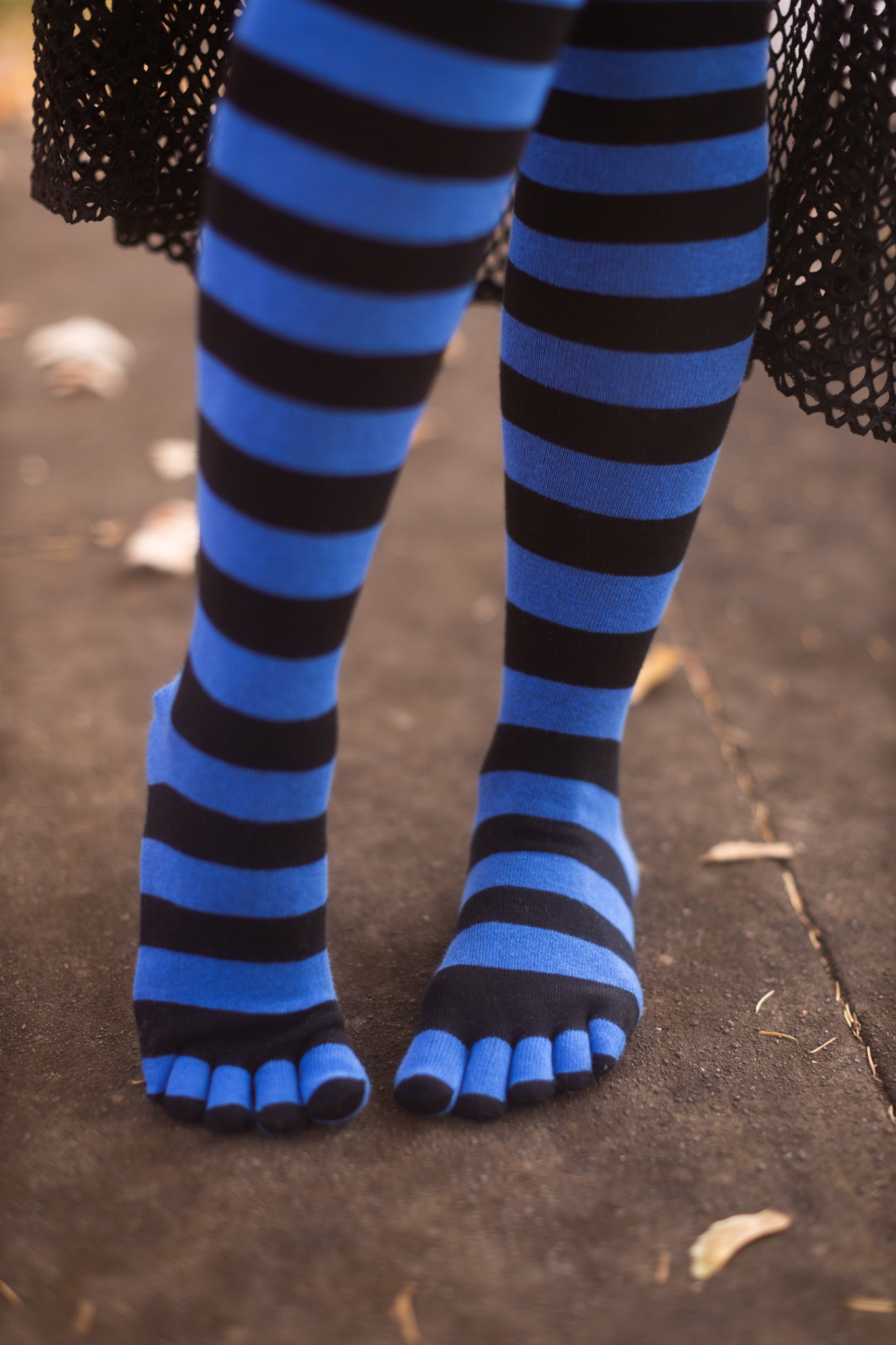 Striped Over the Knee Toe Socks - Black/Royal
