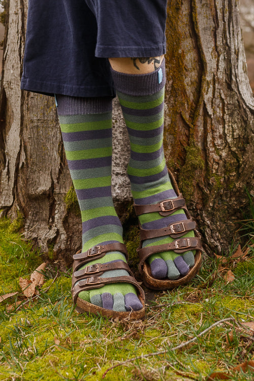Stripy Crew Toe Socks - Sage Stripes