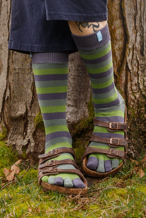 Stripy Crew Toe Socks - Sage Stripe