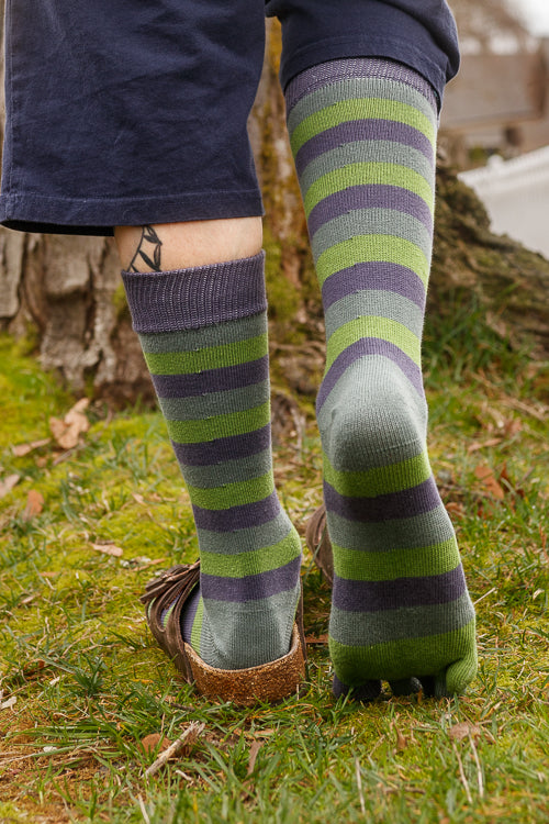Stripy Crew Toe Socks - Sage Stripes