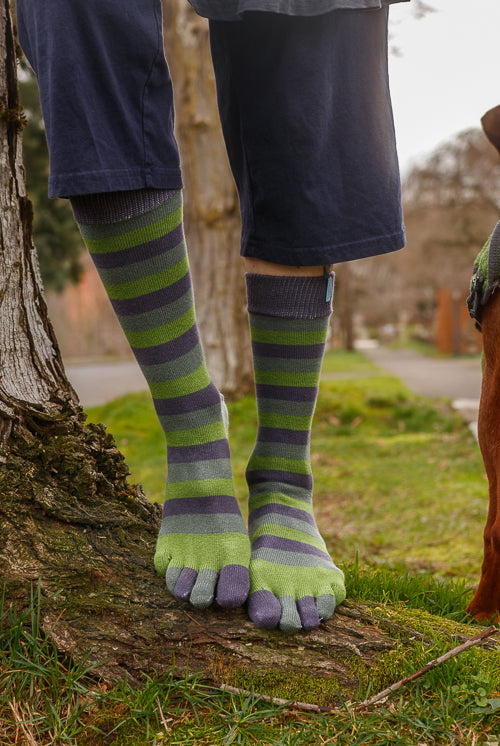 Stripy Crew Toe Socks - Sage Stripes