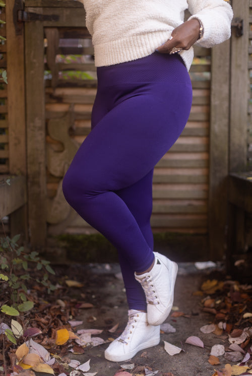 Plus Size High Waisted Fleece Lined Leggings - Purple