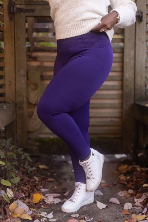 Plus Size High Waisted Fleece Lined Leggings - Purple