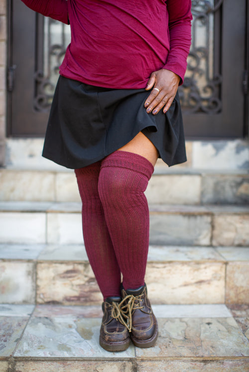 M45 Ribbed Thigh High with Roll Top - Dark Red