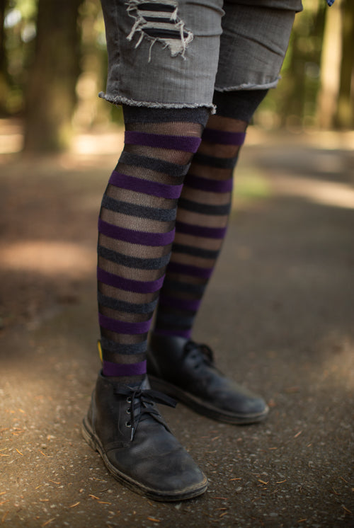 Gossamer Stripes Extraordinary Thigh High - Dark Charcoal/Plum