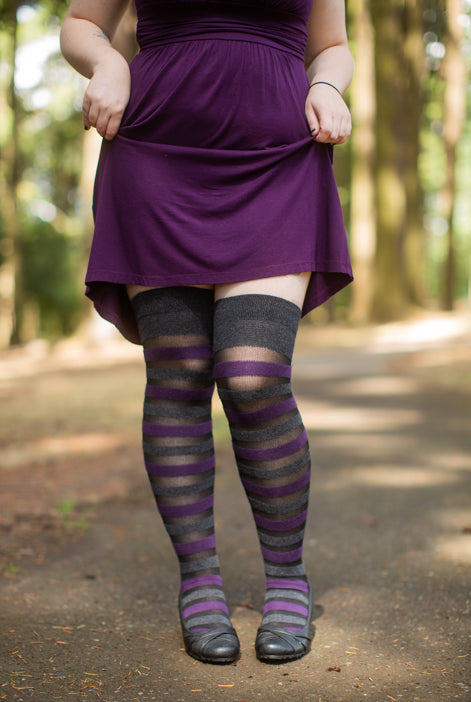Gossamer Stripes Extraordinary Thigh High - Dark Charcoal/Plum