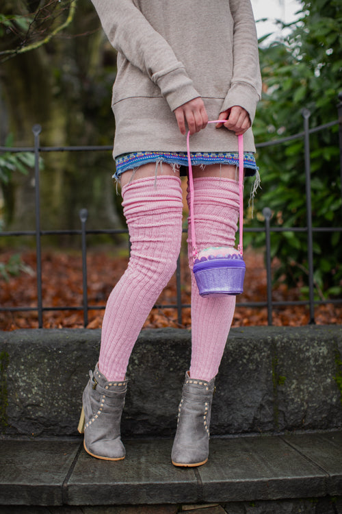 Longer M45 Ribbed Thigh High with Roll Top - Pink