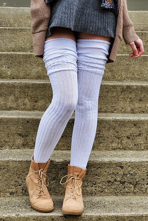Longer M45 Ribbed Thigh High with Roll Top - White