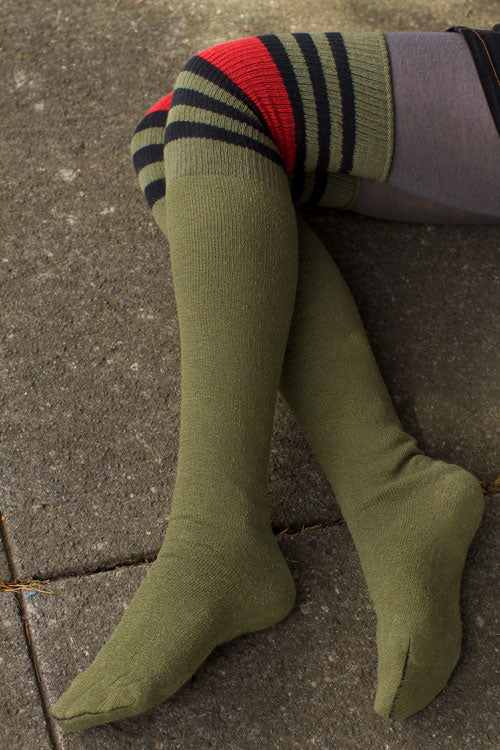 Dreamy Striped OTK Tube Socks -Olive/Red/Black