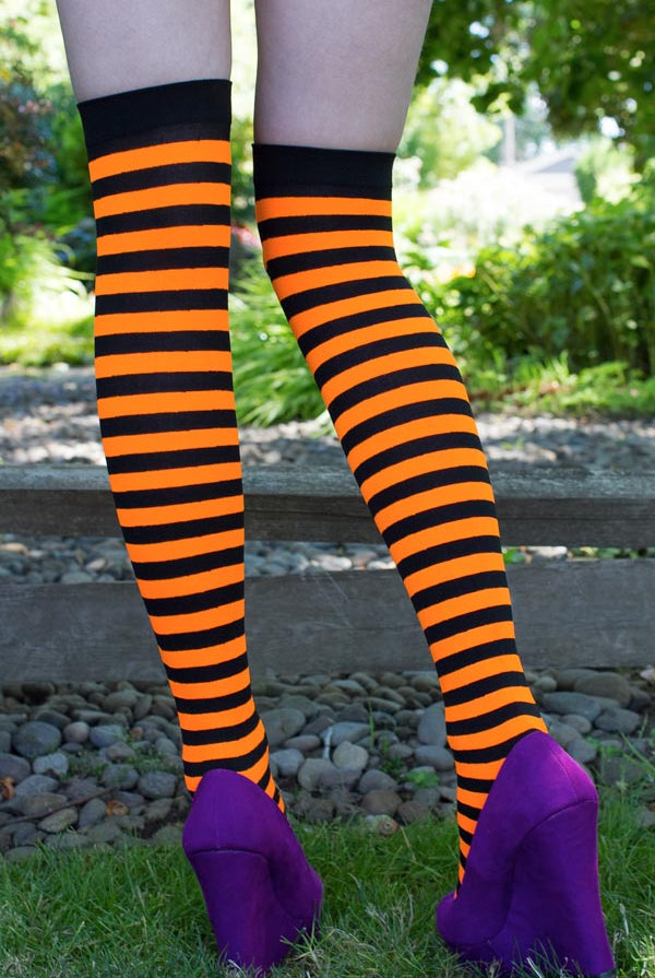 Striped Nylon Thigh High - Black & Neon Orange