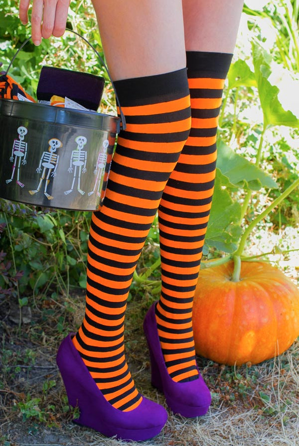 Striped Nylon Thigh High - Black & Neon Orange