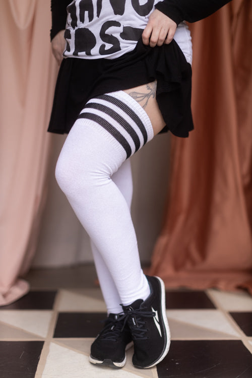Longer Cotton Top-Striped Extraordinary Thigh High - White with Black