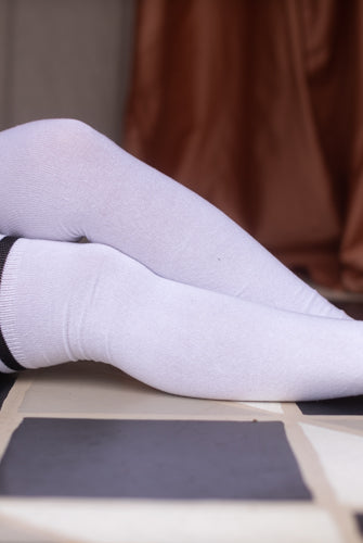 Longer Cotton Top-Striped Extraordinary Thigh High - White with Black