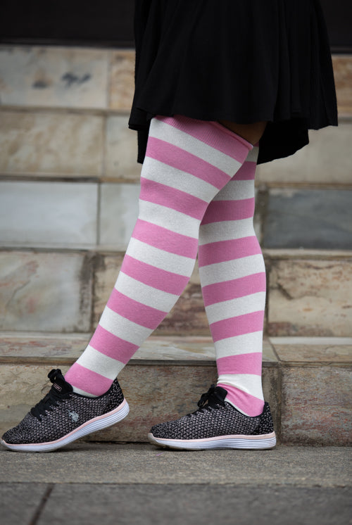 Longer Striped Extraordinary Thigh High in Bubblegum and Sweet Cream