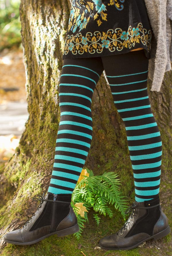 Acrylic Gradient Stripes Extraordinary Thigh High - black and turquoise