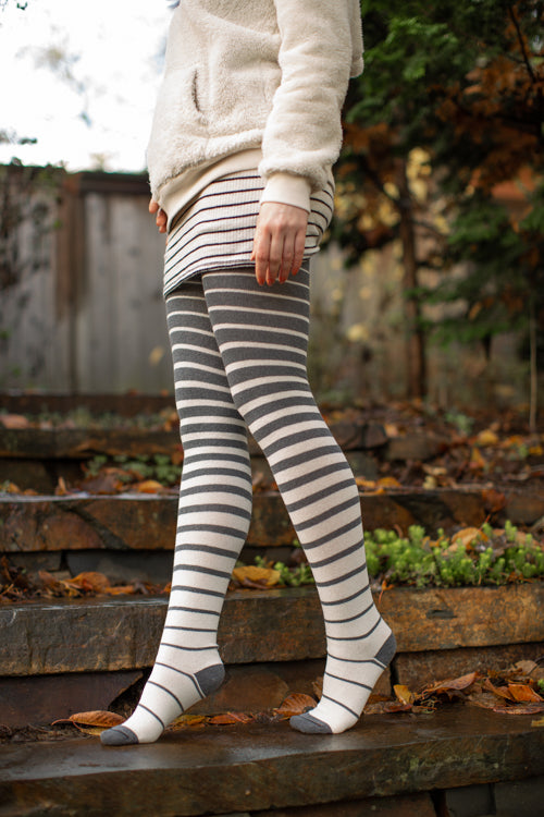 Longer Gradient Stripe Extraordinary Thigh High - Charcoal and Sweet Cream