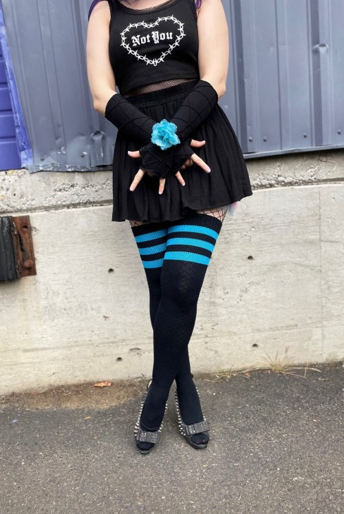 Neon Power Stripe Thigh High Socks - Neon Blue