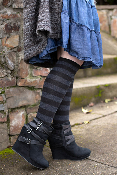Roll Top Striped Knee Socks - Black/Dark Charcoal