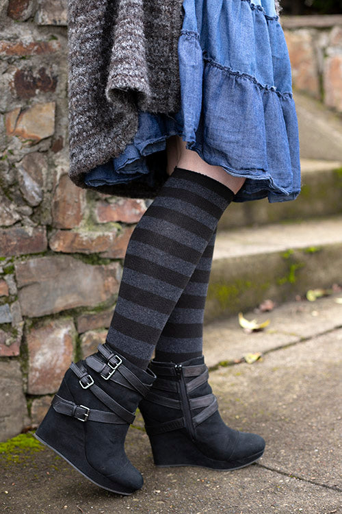 Roll Top Striped Knee Socks - Black/Dark Charcoal