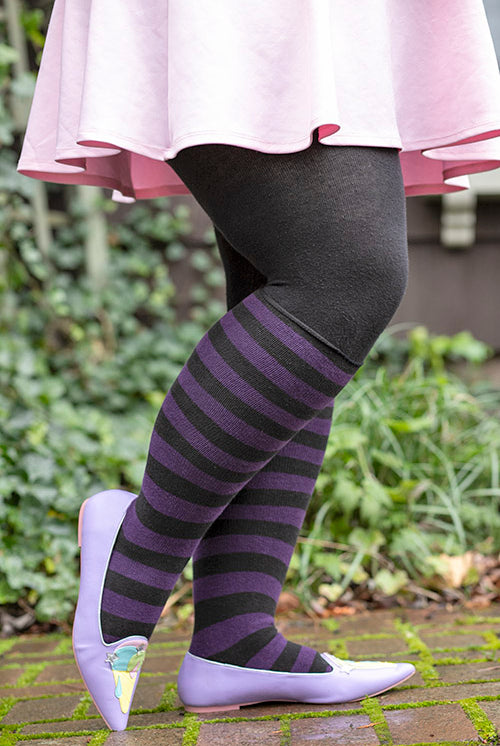 Roll Top Striped Knee Socks - Black/Plum