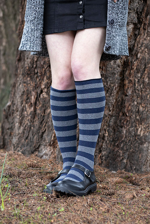 Roll Top Striped Knee High Socks - Navy/Charcoal