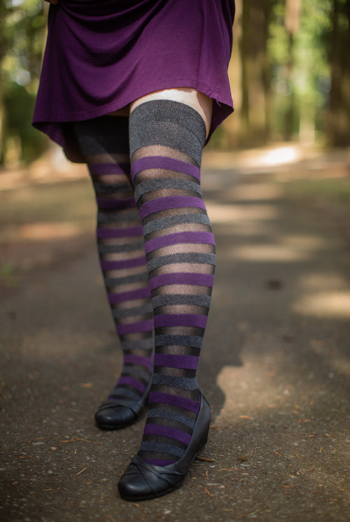 Gossamer Stripes Extraordinary Thigh High - Dark Charcoal/Plum