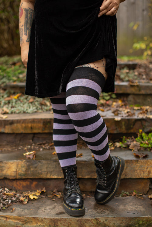 Longer Striped Extraordinary Thigh High in Black and Lilac