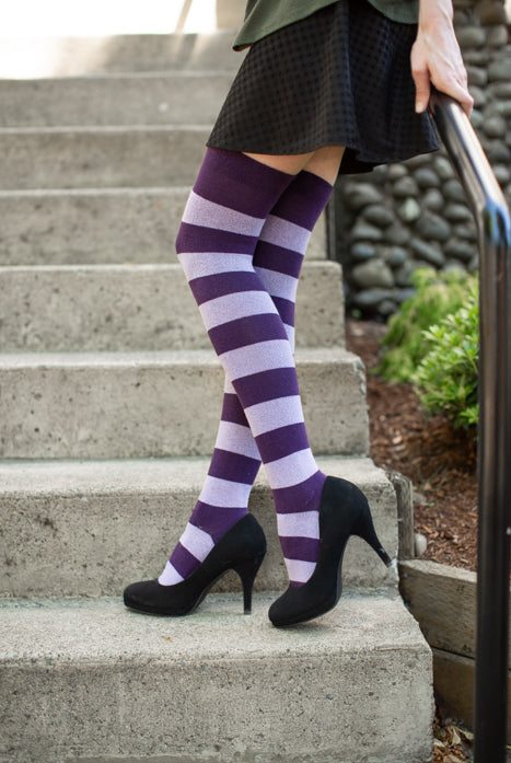 Striped Extraordinary Thigh High Socks - Lilac/Plum