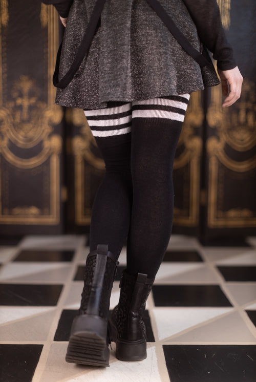 Longer Cotton Top-Striped Extraordinary Thigh High - Black with White