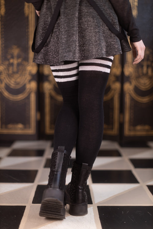 Longer Cotton Top-Striped Extraordinary Thigh High - Black with White