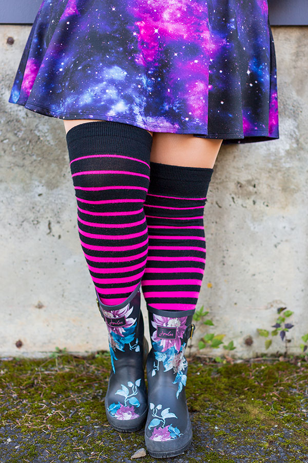 Acrylic Gradient Stripes Extraordinary Thigh High - black and neon pink