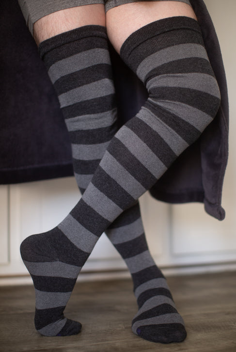 XL Foot Longer Striped Extraordinary Thigh High - Dark Charcoal/Charcoal