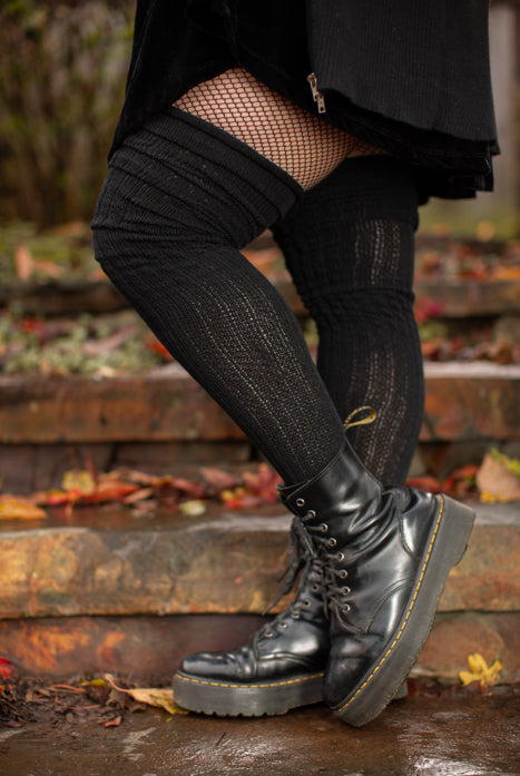 Longer M45 Ribbed Thigh High with Roll Top - Black
