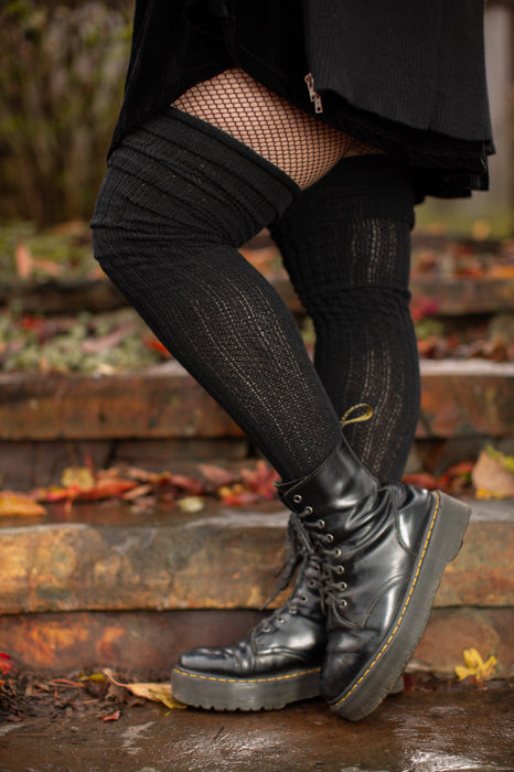Longer M45 Ribbed Thigh High with Roll Top - Black