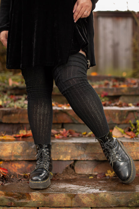 Longer M45 Ribbed Thigh High with Roll Top - Black