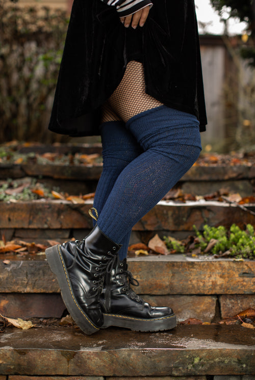 Longer M45 Ribbed Thigh High with Roll Top - Navy