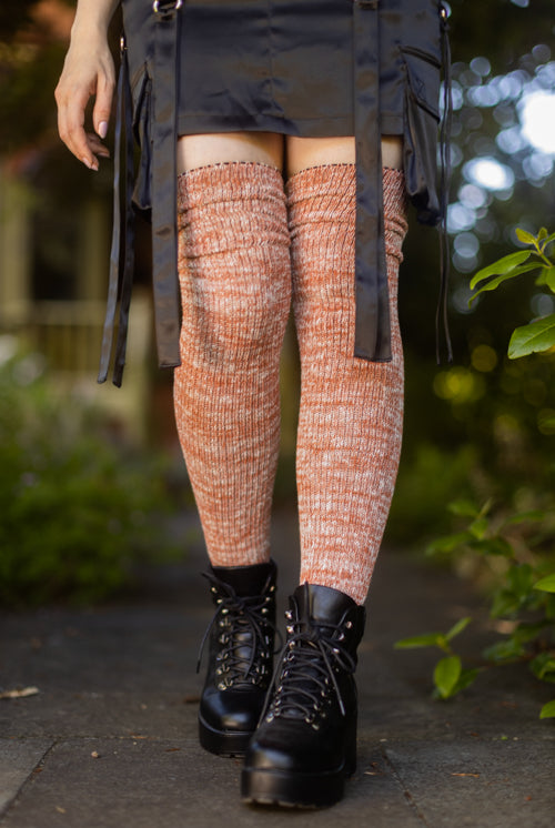 Marled Scrunchable Thigh High Socks - rust