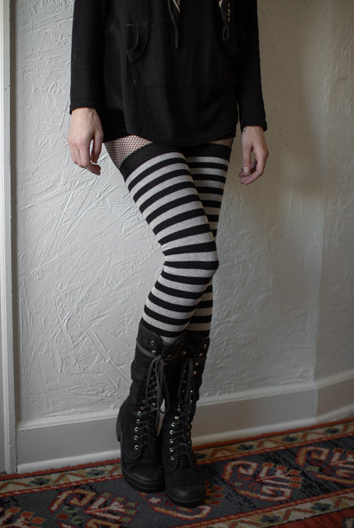 M Stripes Thigh High Socks - Black/Grey