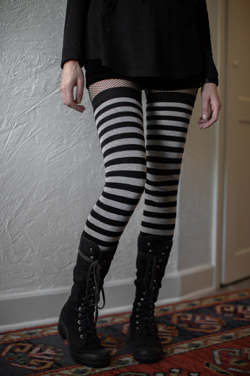 M Stripes Thigh High Socks - Black/Grey