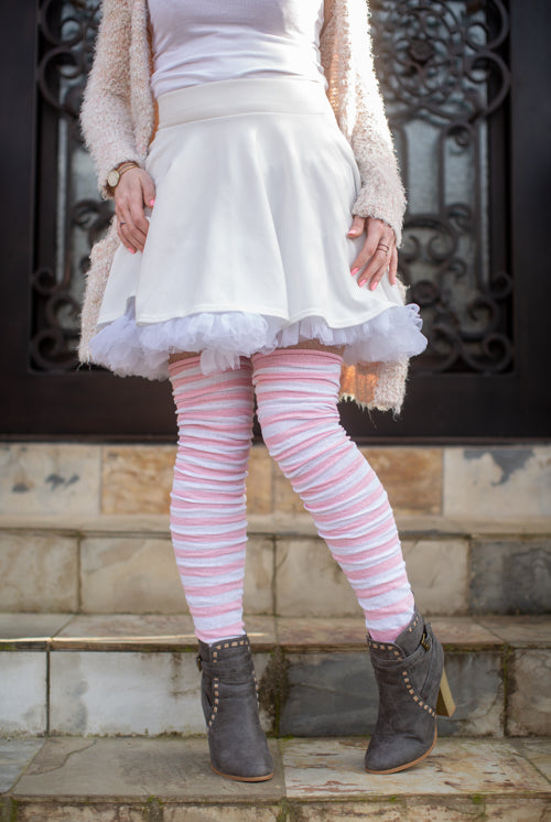 M Stripes Thigh High Socks - Pink/White