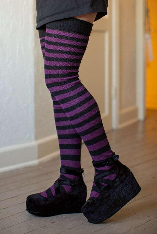 Super Stripes Thigh High Socks - Black/purple