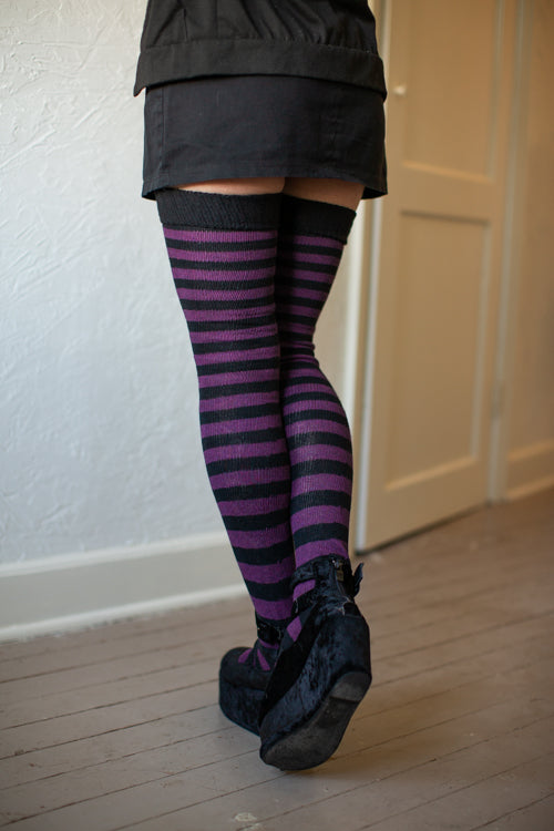 Super Stripes Thigh High Socks - Black/purple