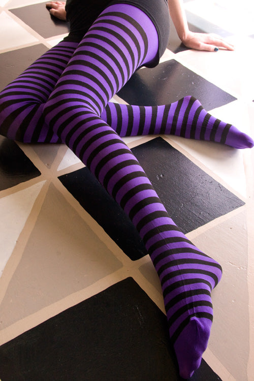 Plus Size Striped Tights - Black & Purple