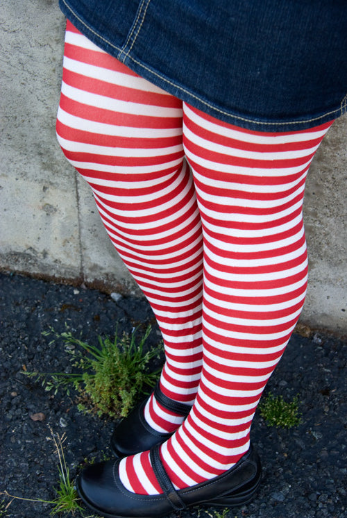 Plus Size Striped Tights - White & Red