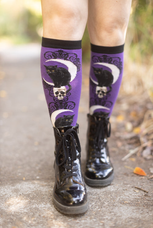 Black Cat Moon Knee High - Purple