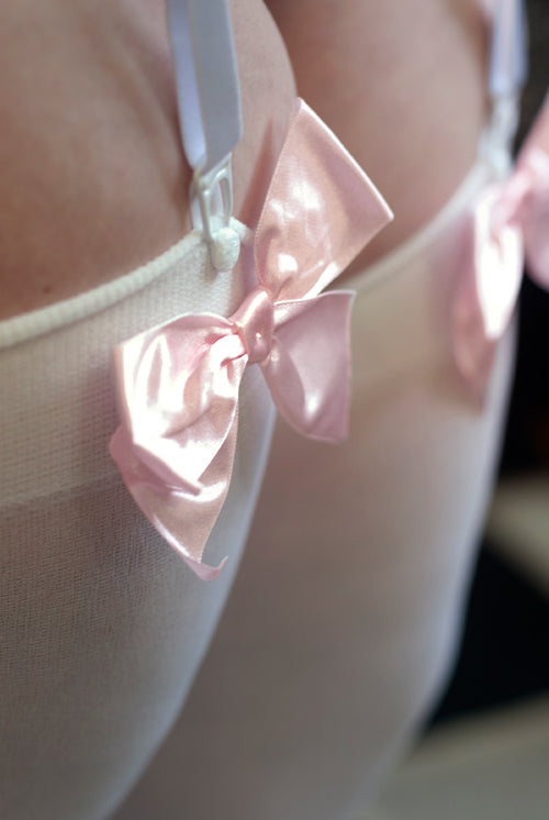 Opaque Thigh High Stockings with Bow - White with Pink