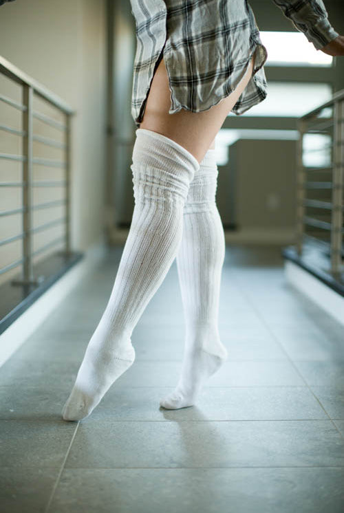 M45 Ribbed Thigh High with Roll Top - White