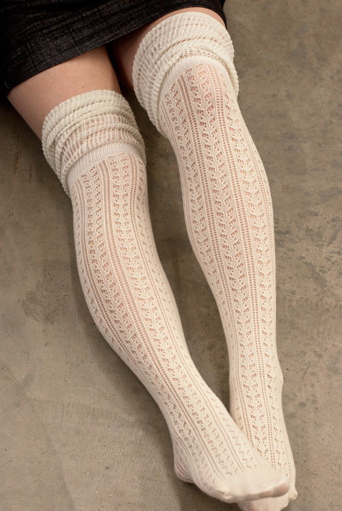 Pointelle Scrunch Top Knee Socks - Ivory