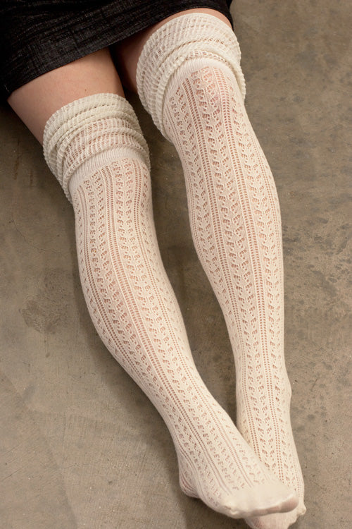 Pointelle Scrunch Top Knee Socks - Ivory